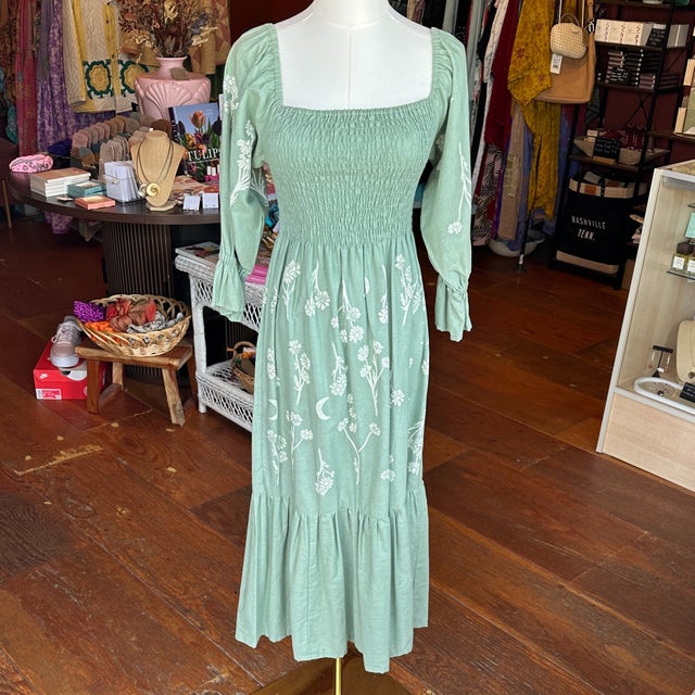 green cottage core dress Modest Linen Green Floral Cottagecore Custom Made Dress 3048