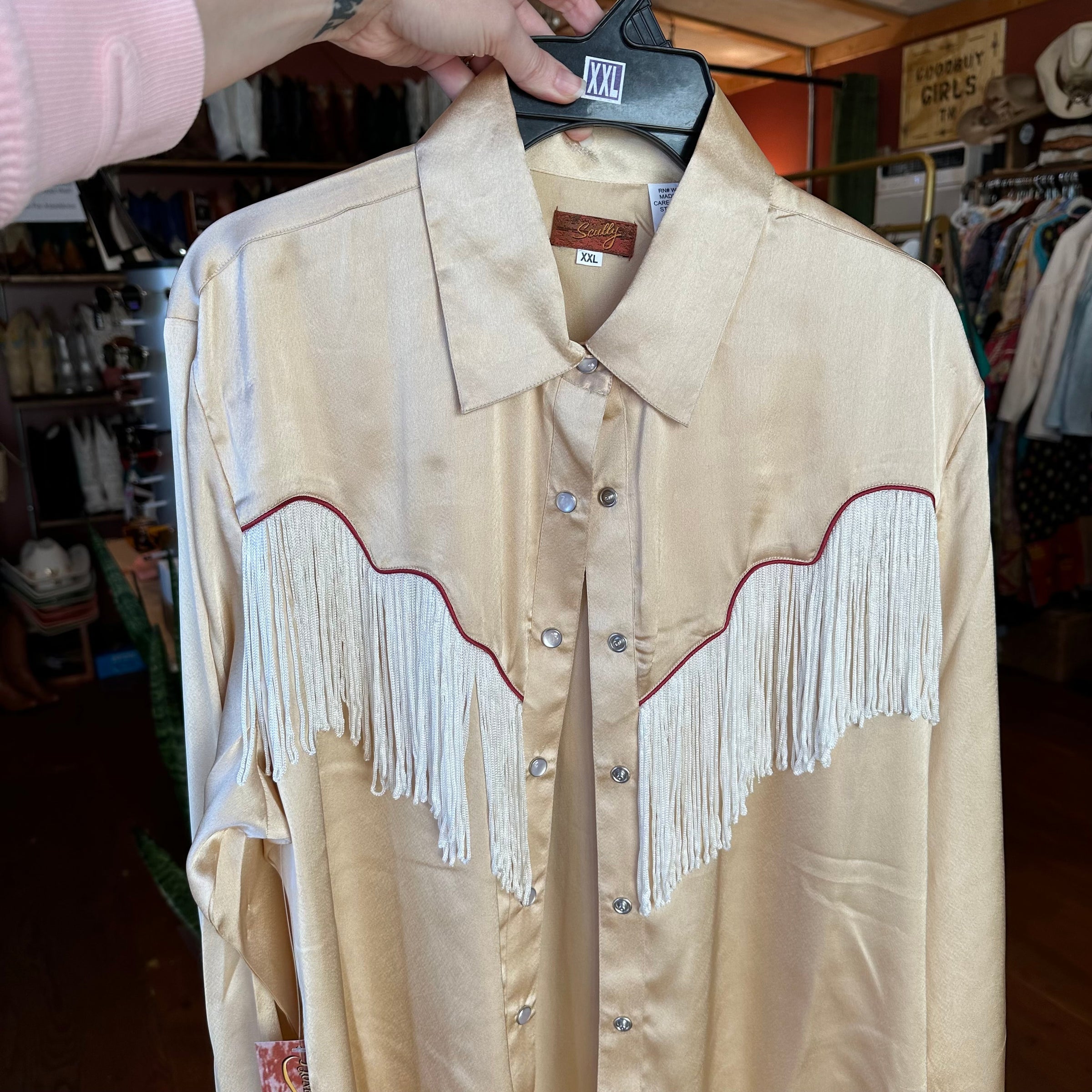 Scully - Tan Satin Fringe Western Pearl Snap Shirt (XS) | Goodbuy