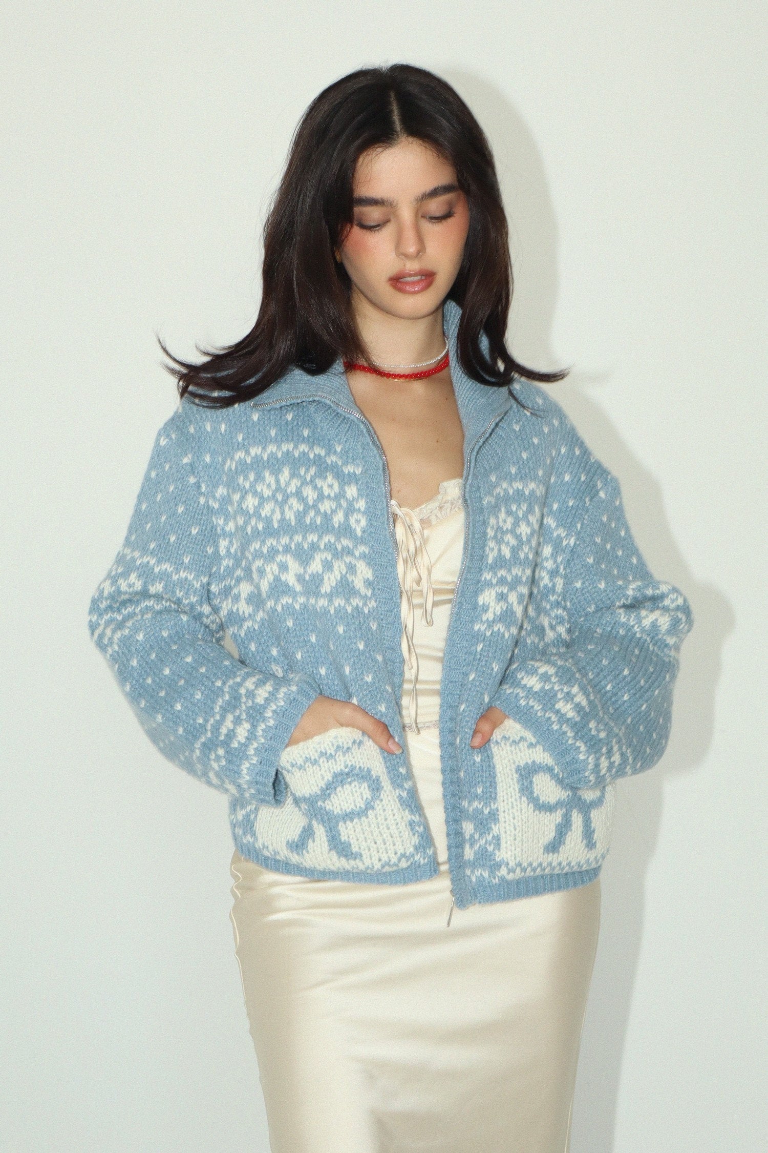 Bailey Rose - Dusty Blue Ribbon Bow Zip Up Collared Sweater Jacket