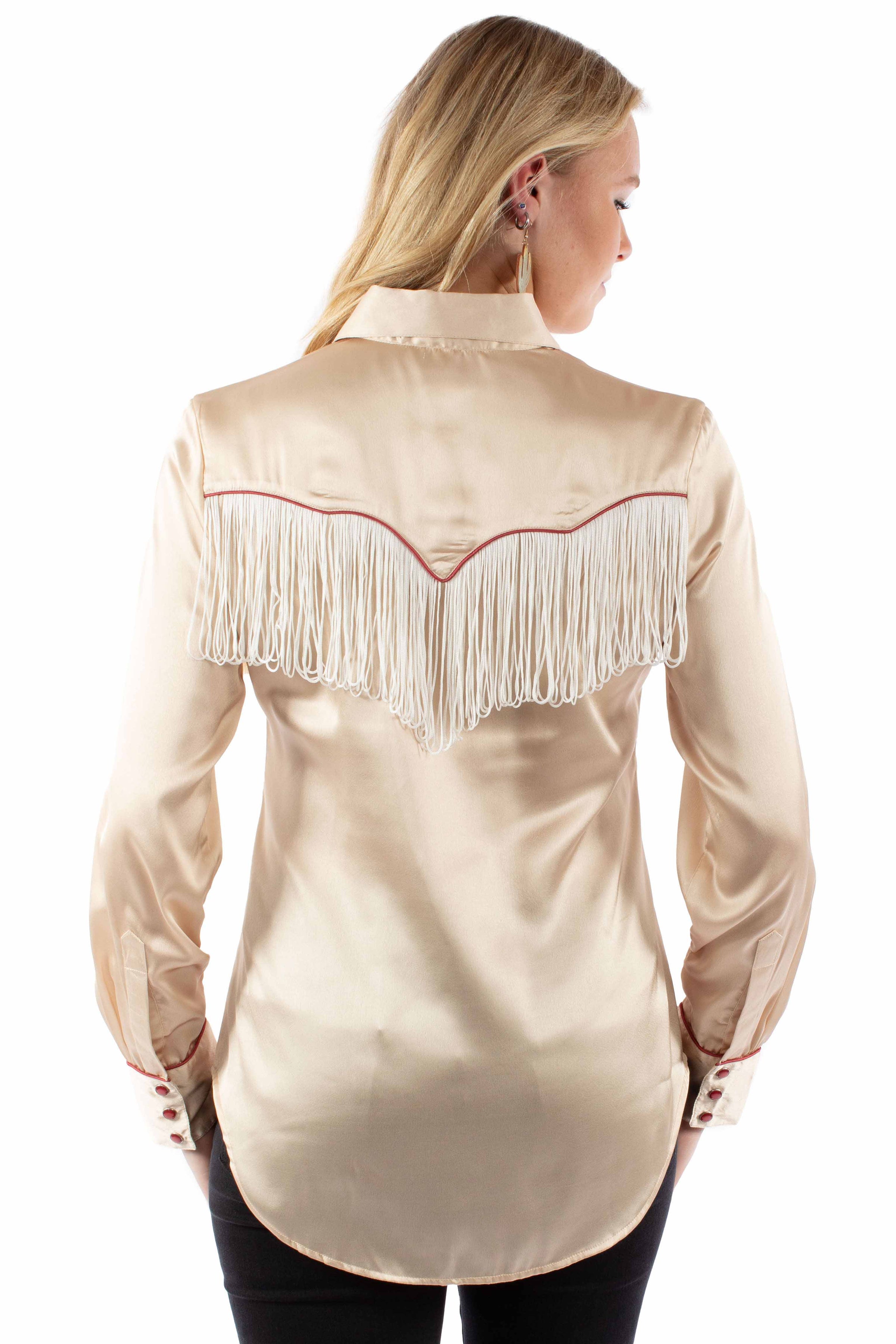 Scully - Tan Satin Fringe Western Pearl Snap Shirt (XS) | Goodbuy