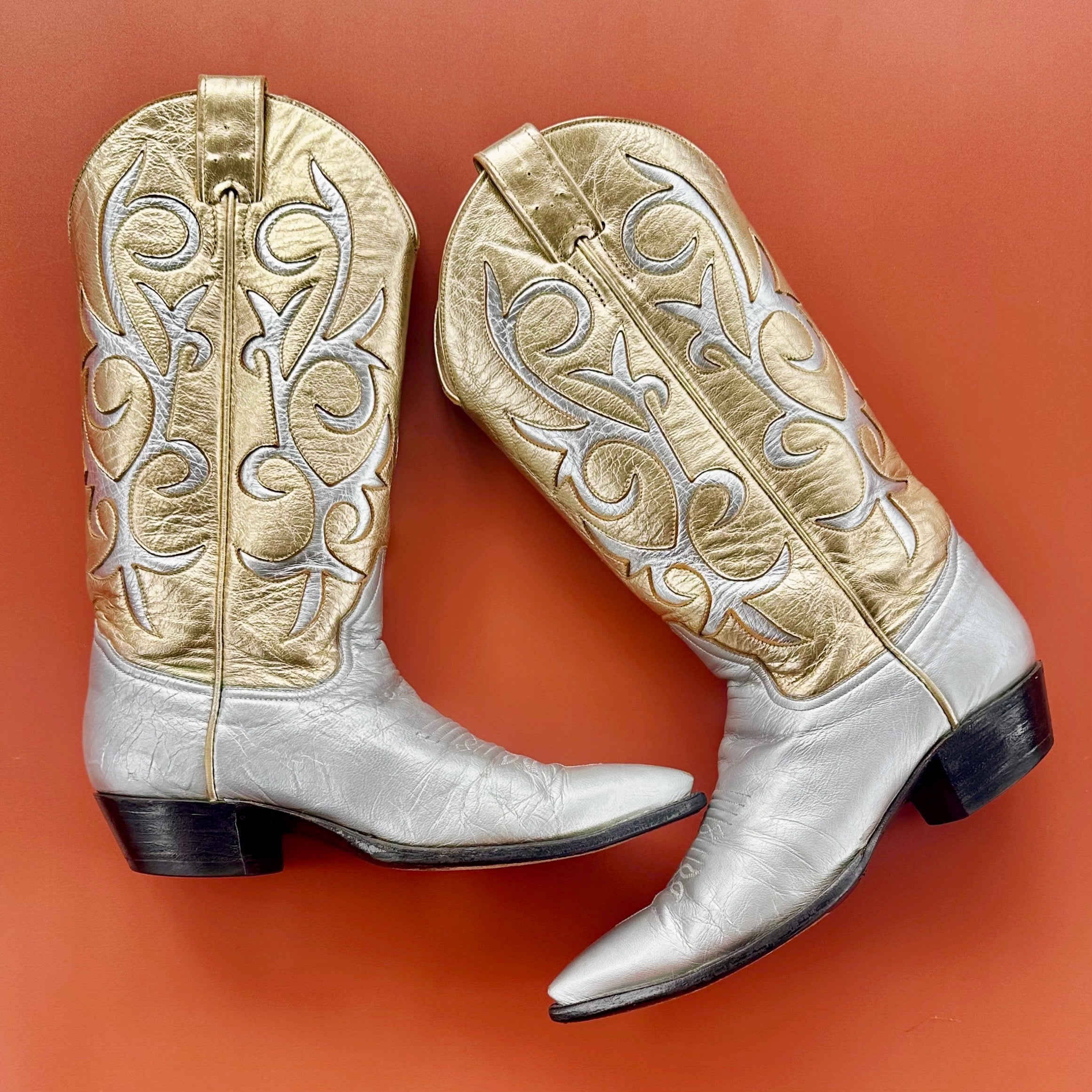 Larry Mahan - Silver & Gold Cowgirl Boots - Size 7 (Featured 