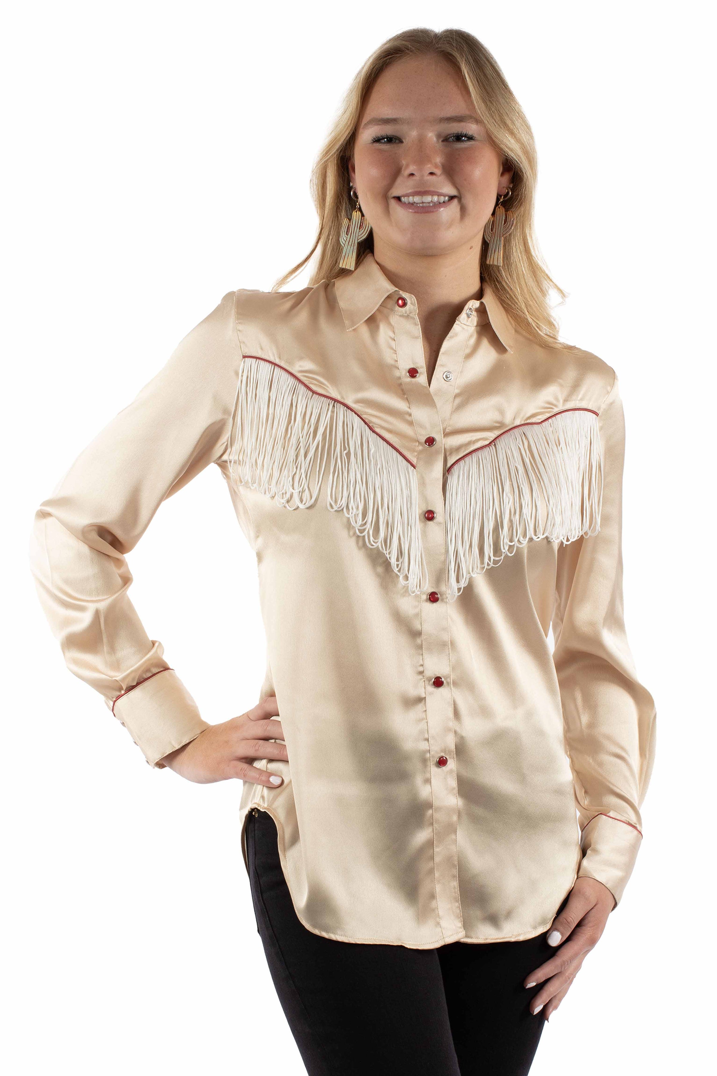 Scully - Tan Satin Fringe Western Pearl Snap Shirt (XS & XL