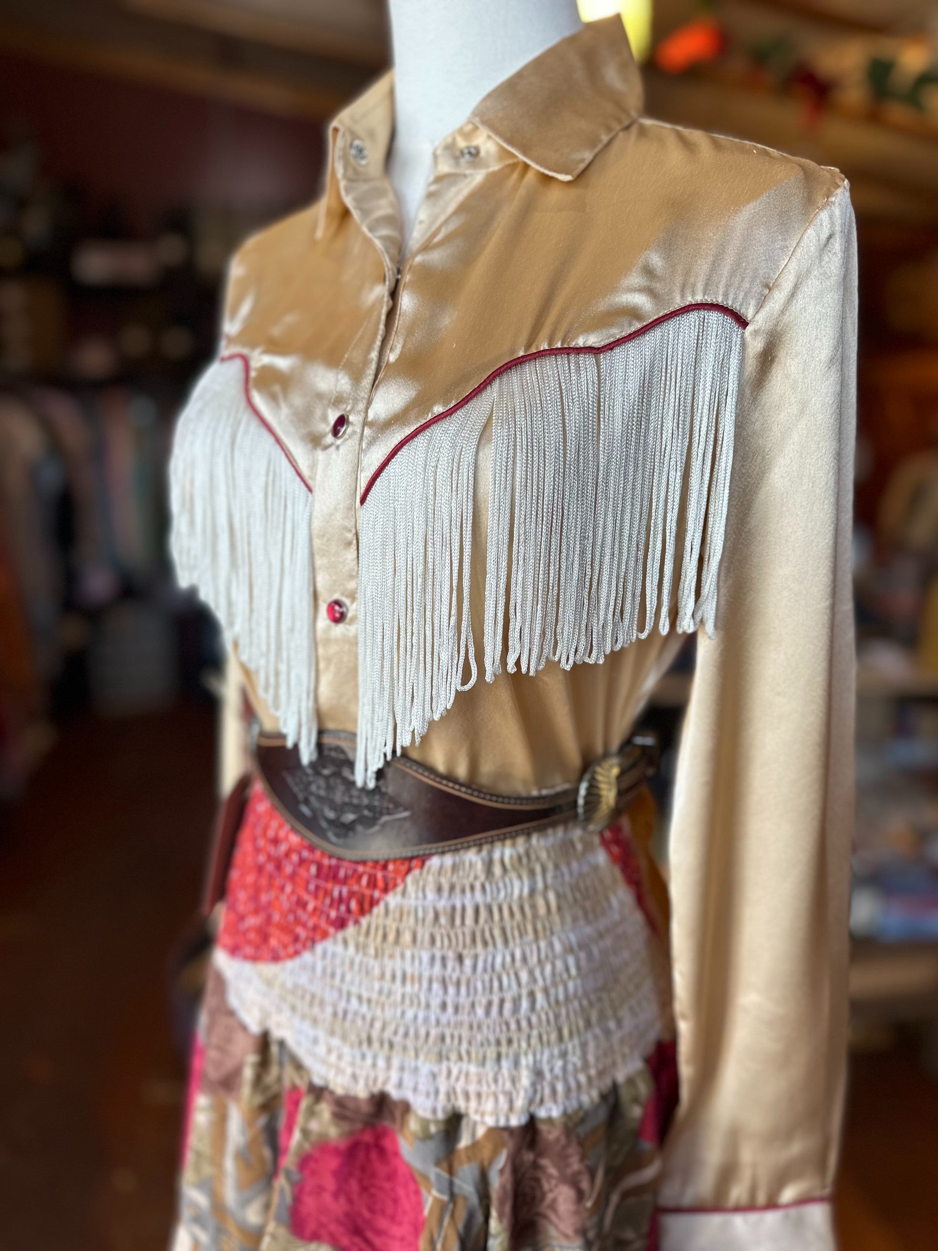 Scully - Tan Satin Fringe Western Pearl Snap Shirt (XS & XL