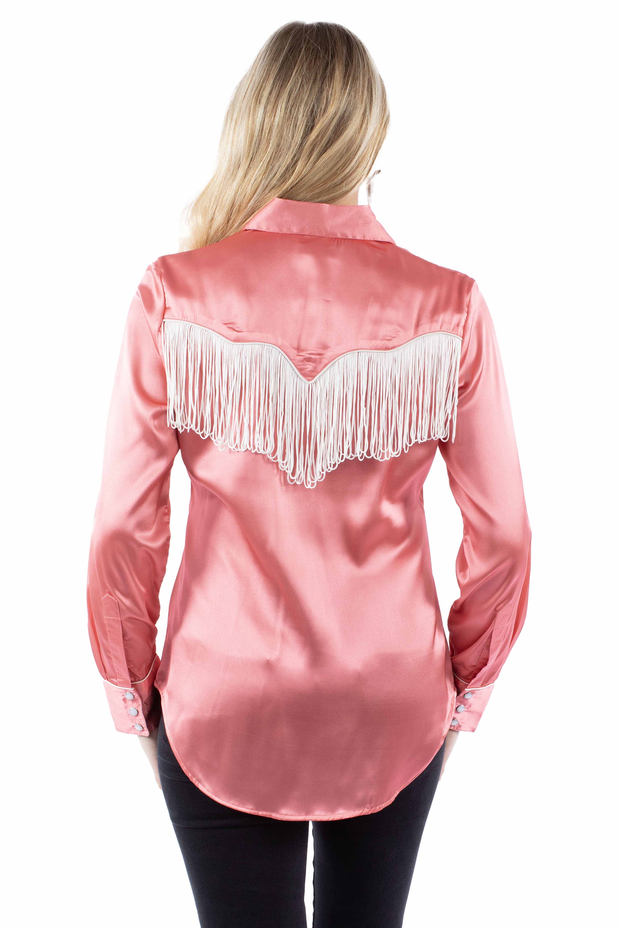 Scully - Pink Satin Fringe Western Pearl Snap Shirt (Small