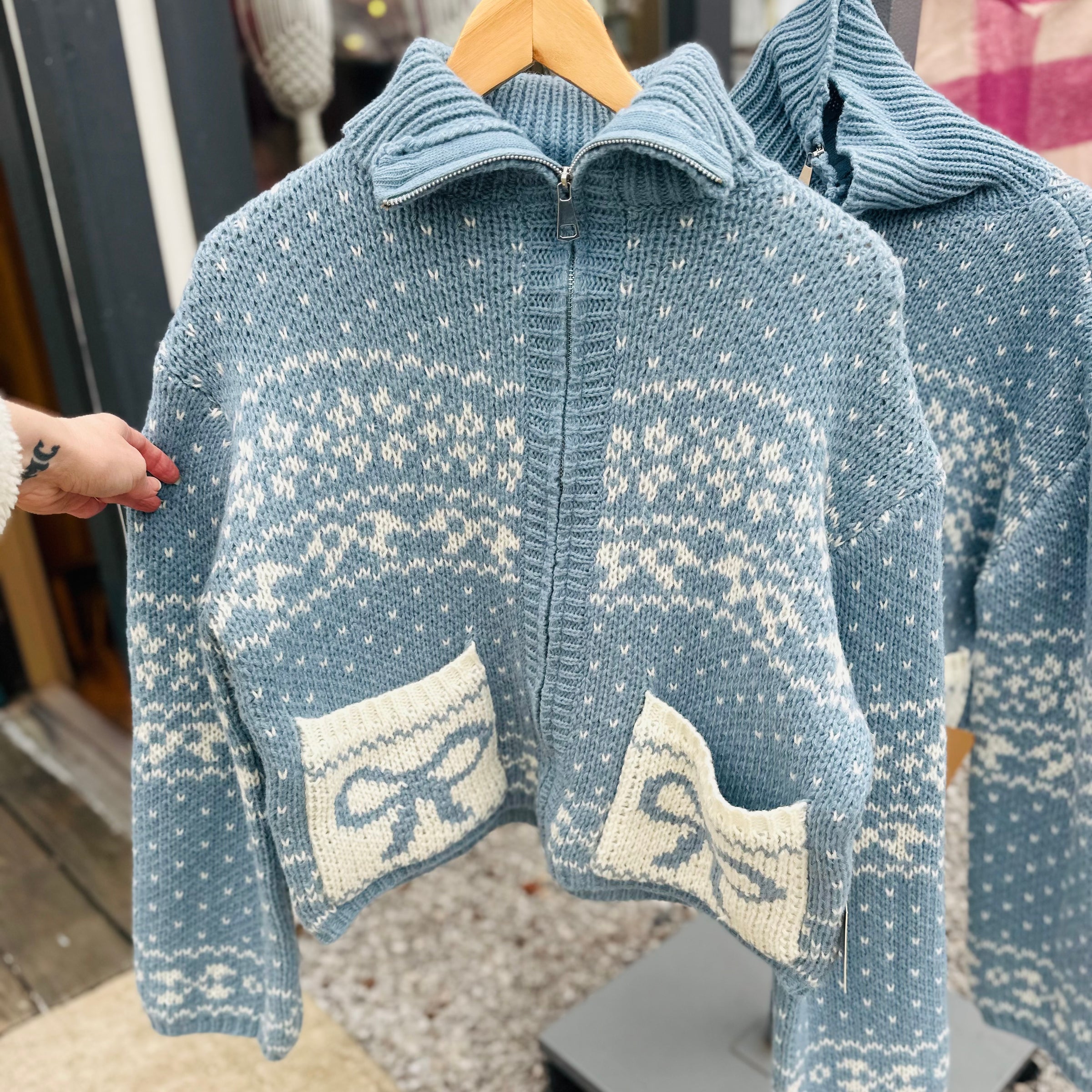 Bailey Rose - Dusty Blue Ribbon Bow Zip Up Collared Sweater Jacket