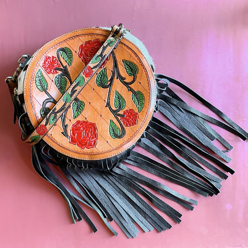 Western tooled leather floral and cowhide inlay fringe round purse