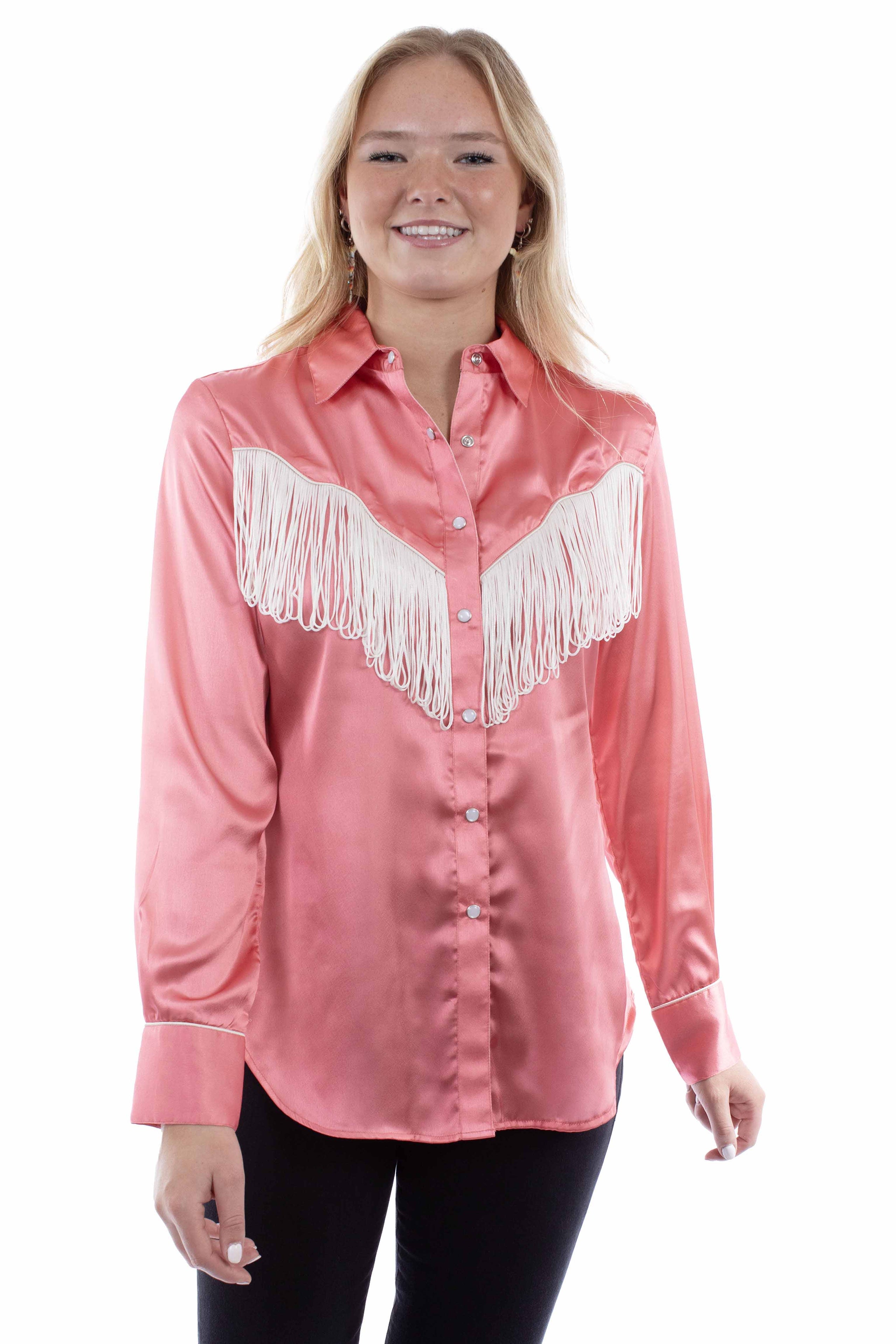 Pink Western Snap Ling Sleeve Blouse with Silver and Glam Accents 2024