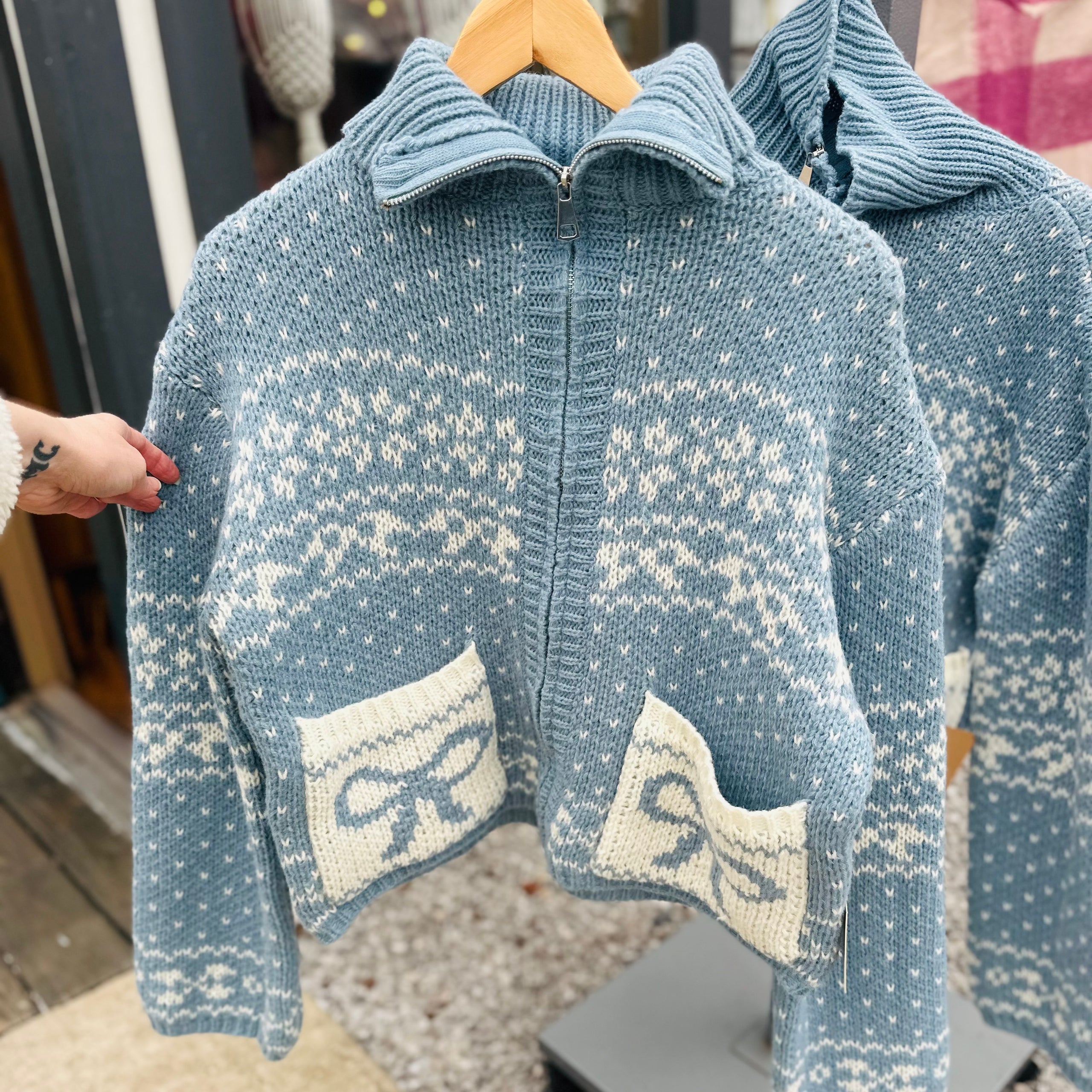 Bailey Rose - Dusty Blue Ribbon Bow Zip Up Collared Sweater Jacket 